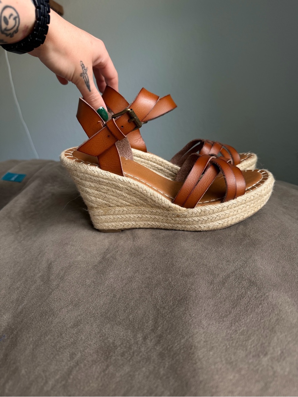 American Eagle Outfitters Tan Leather Espadrille Wedge Sandals